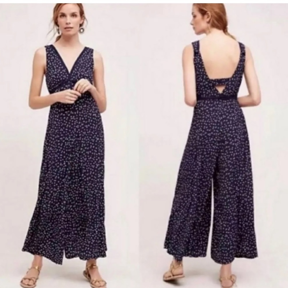 Wide-leg, flowy Anthropologie polka dot jumpsuit